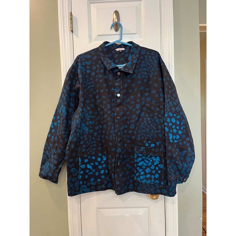 The Kit Chore Jacket 2X Blue Black Abstract Pebble Print Snap Front Utility Coat